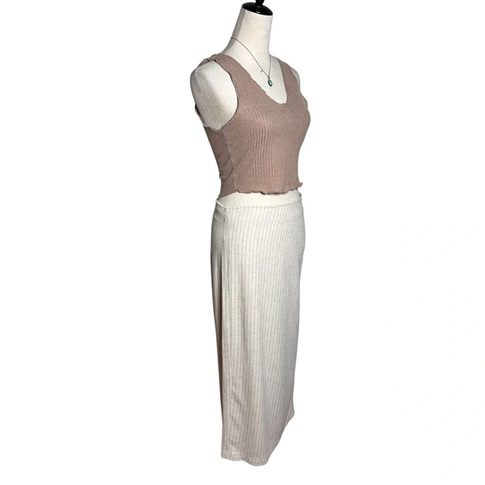 Miou Muse Linen Blend Ruched Midi Skirt M Striped‎ Minimalist Neutral Old Money